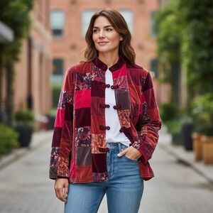 Vintage‎ Patchwork Velvet Jacket Asian Mandarin Collar Burgundy Floral Print